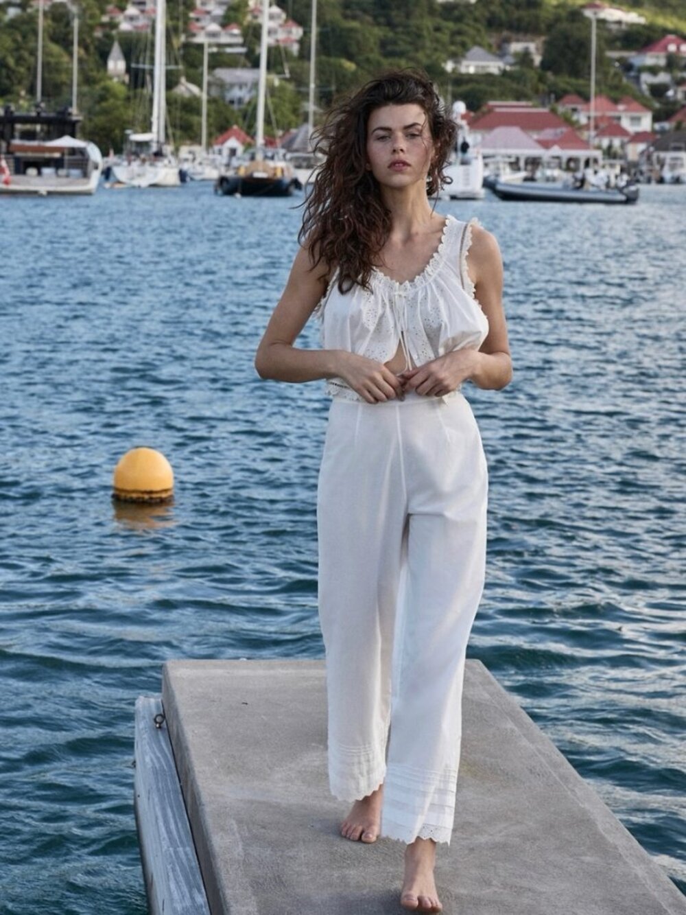 DÔEN Francisca broderie anglaise-trimmed pintucked organic cotton-poplin pants